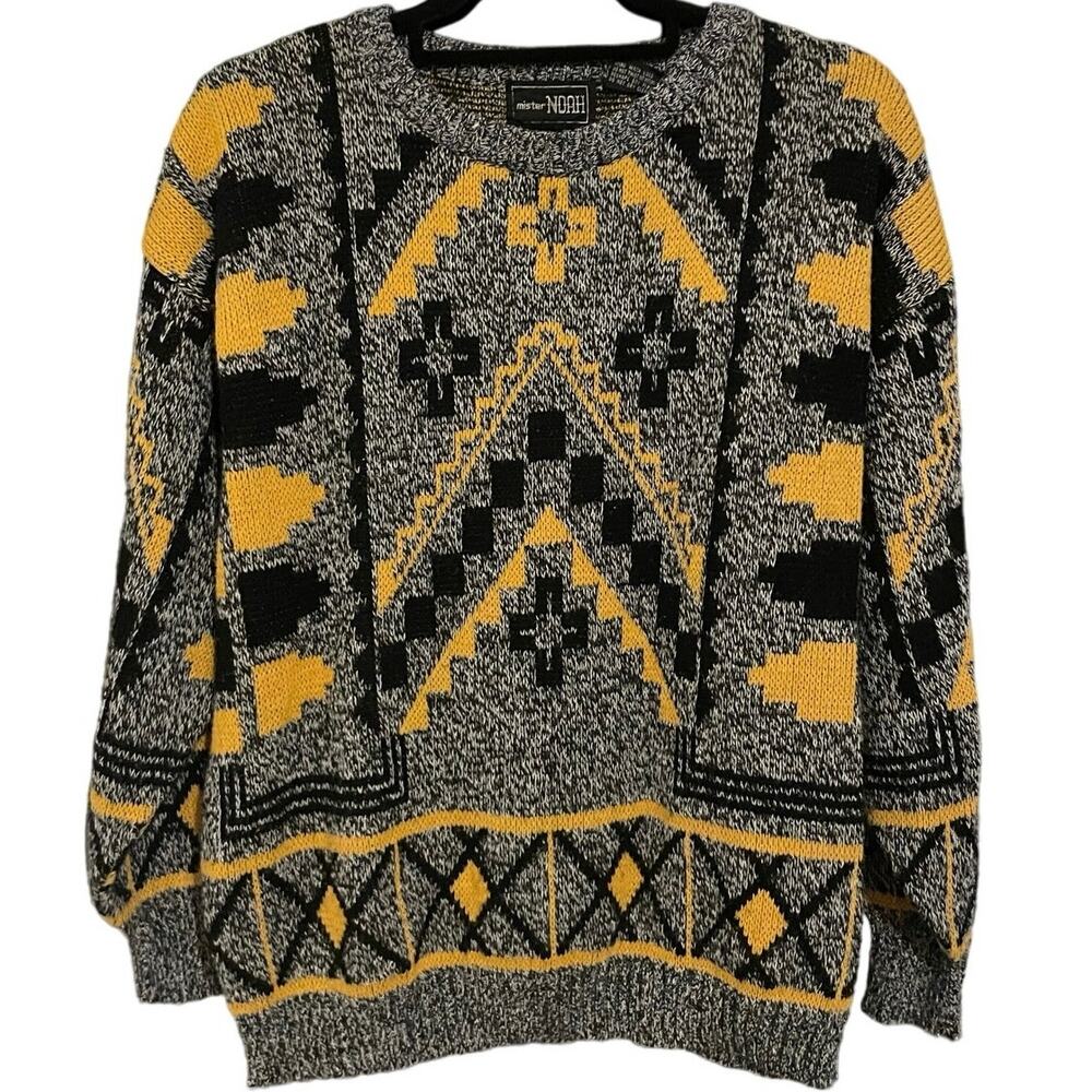 Vintage 80s Grey, Black, and Yellow Patterned Mister Noah Sweater Adult Large
